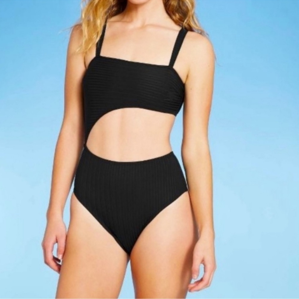 Shade & Shore Black Ribbed Cut Out Swimsuit Size Medium Excellent Condition